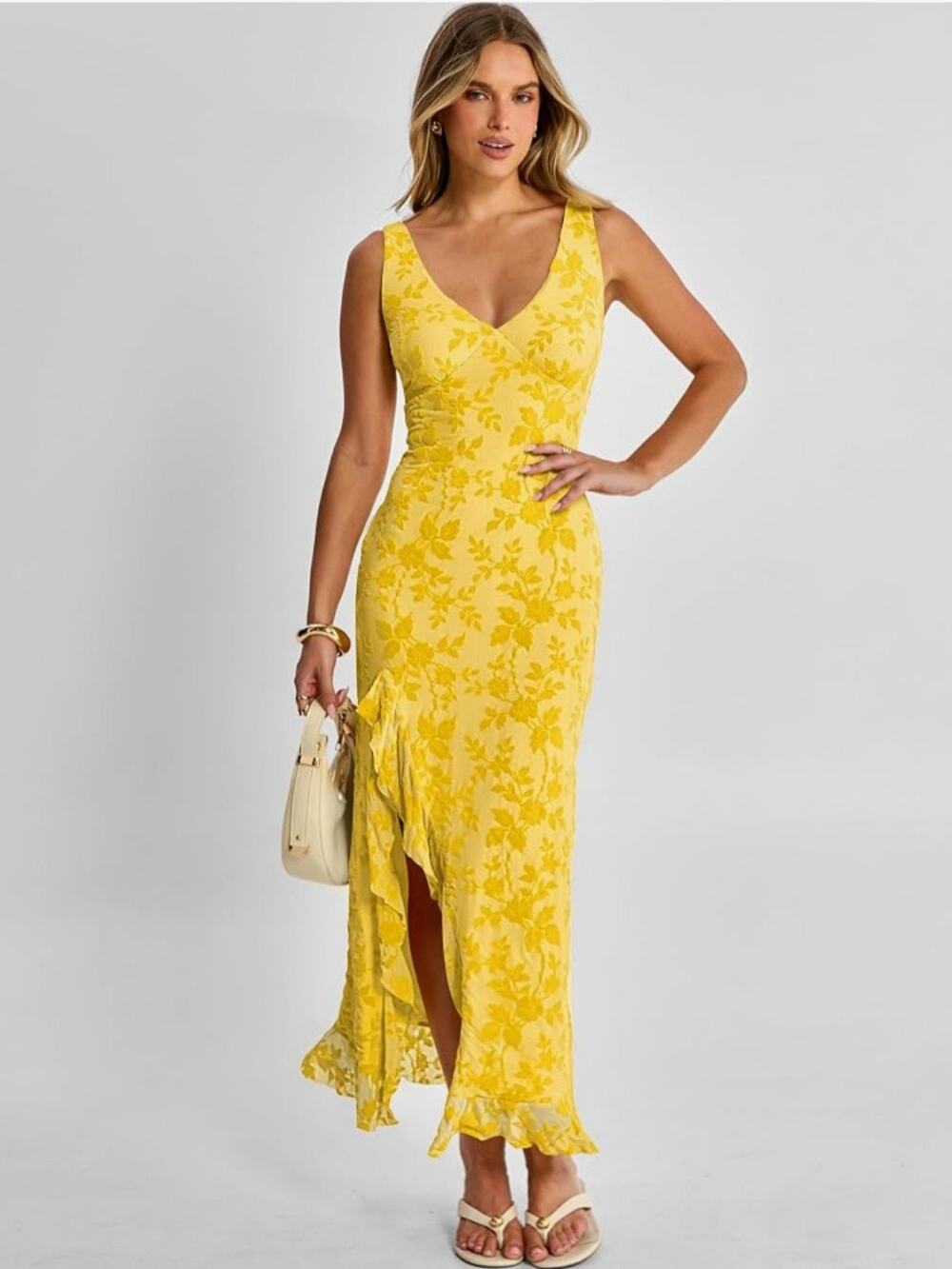 #257 MSRP $56 NWT ANRABESS YELLOW FLORAL MESH RUFFLE MAXI DRESS ♡SIZE L♡